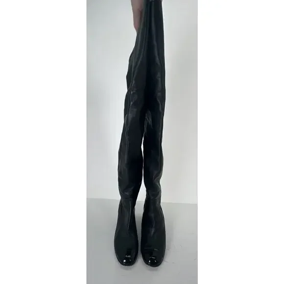 ⭐️ Chanel Black Leather Cap Toe Over The Knee Boots Sz 37 / 7 - Picture 4 of 16
